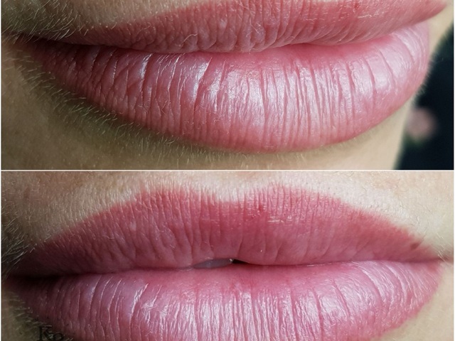 Заживший нежно розовый перманентный макияж, татуаж губ. Губы сделаны нюдовым
пигментом